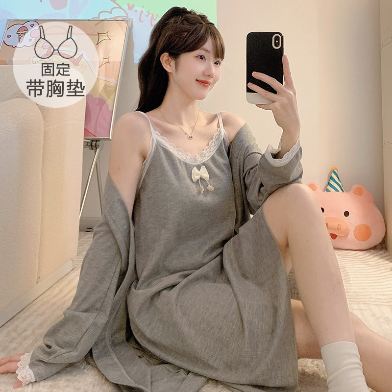 春夏睡衣女甜美带胸垫吊带开衫长袖睡袍大码220斤两件家居服睡裙