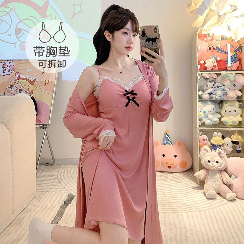春夏睡衣女甜美带胸垫吊带开衫长袖睡袍大码220斤两件家居服睡裙