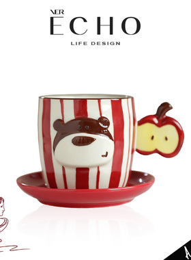 ECHO丨苹果熊 AGUO可爱手绘陶瓷咖啡杯碟创意卡通水杯子圣诞礼物