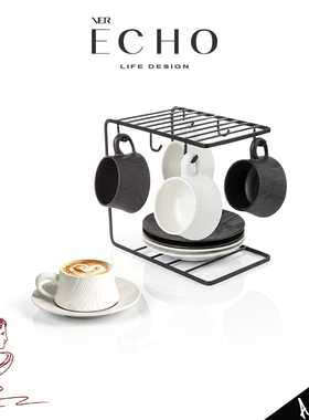 ECHO丨流水 KIU高档黑白陶瓷咖啡杯家用拉花杯水杯下午茶杯碟套装