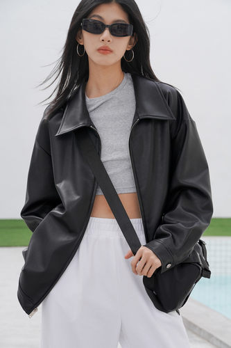 宽松美式复古皮衣短外套