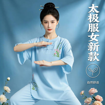 太极服女新款2026夏季薄款棉麻短袖太极服八段锦练功服国风太极服