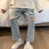 港风宽松破洞休闲裤直筒牛仔裤拖地裤男XZ214-8905-P45控69，男装牛仔裤，星座1204-3