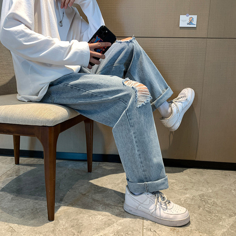港风宽松破洞休闲裤直筒牛仔裤阔腿裤XZ214-8905-P45控69,男装牛仔裤,星座1204-3