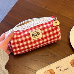 红格子小猫咪笔袋可爱好看便宜大容量文具盒便携ins小学初中笔盒