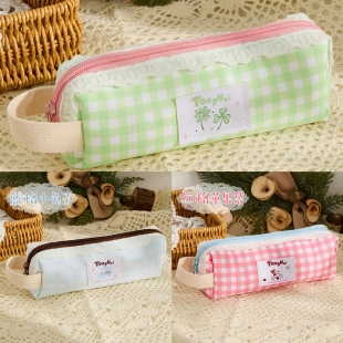 蓝格子蕾丝小清新笔袋ins风小容量文具袋简约好看便宜学生铅笔盒