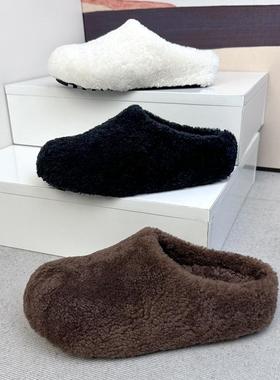 真皮毛一体羊羔毛包头拖鞋女2025新款春冬季保暖内增高外穿半拖鞋