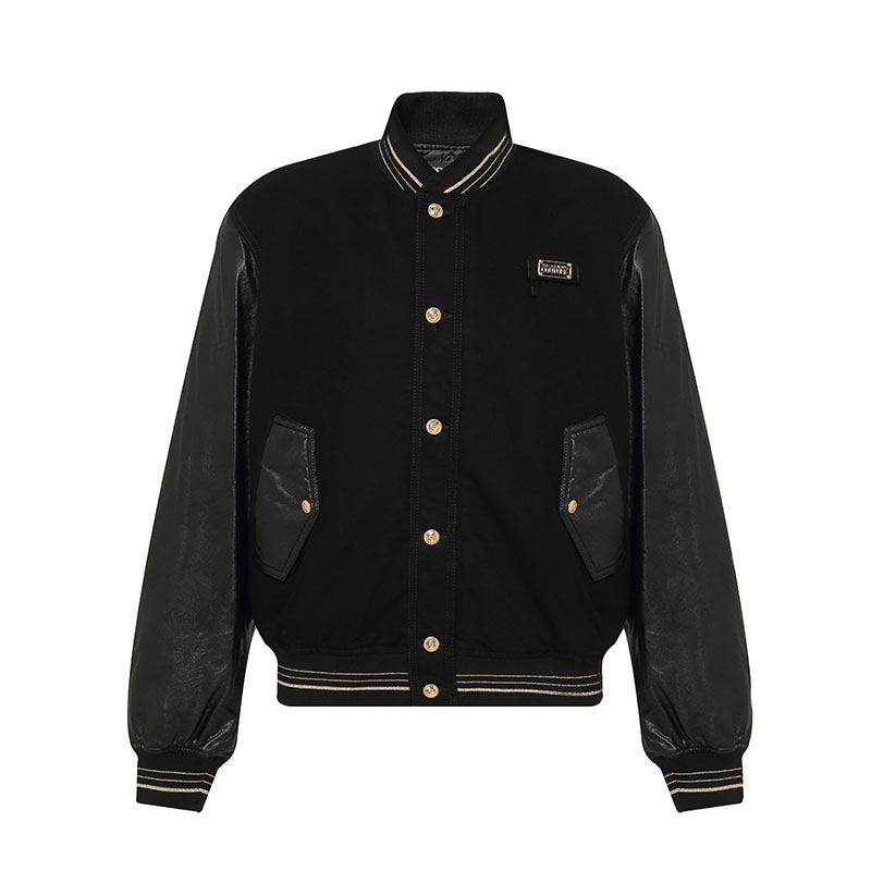 VERSACE JEANS/范思哲21秋季新品拼接皮衣纽扣圆领外套高端夹克