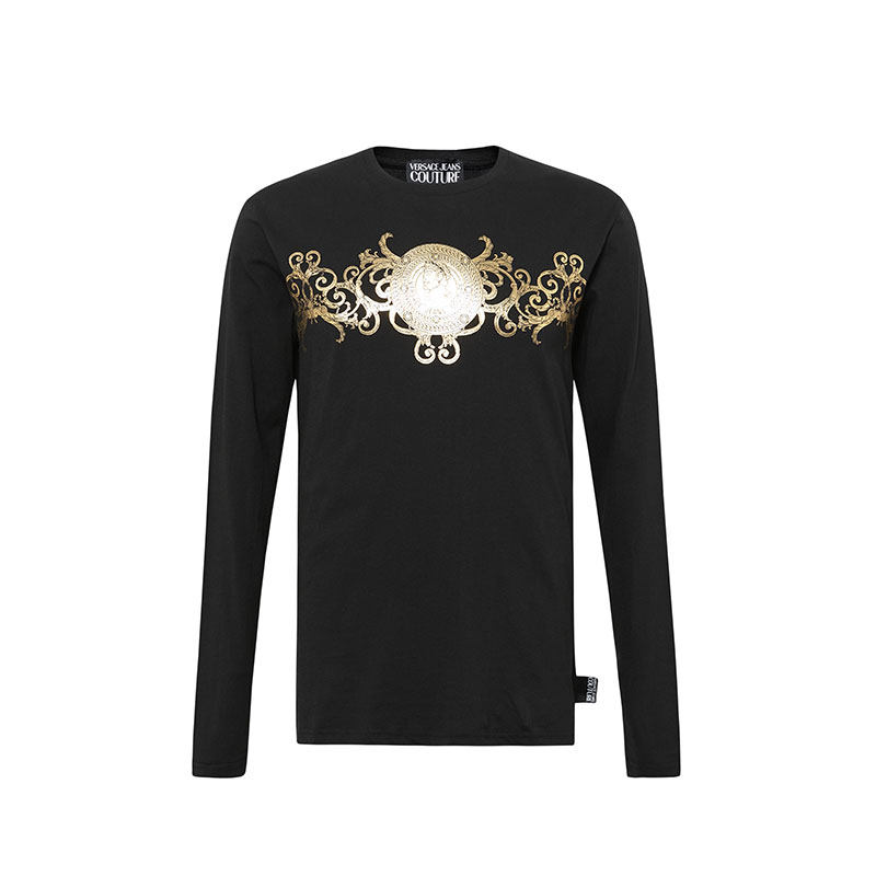 Versace/范思哲男士圆领棉烫金长袖T恤黑色印花潮男国际大牌