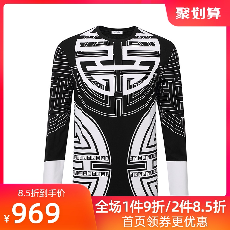 Versace Collection/范思哲男长袖T恤满花时尚休闲体恤衫进口新
