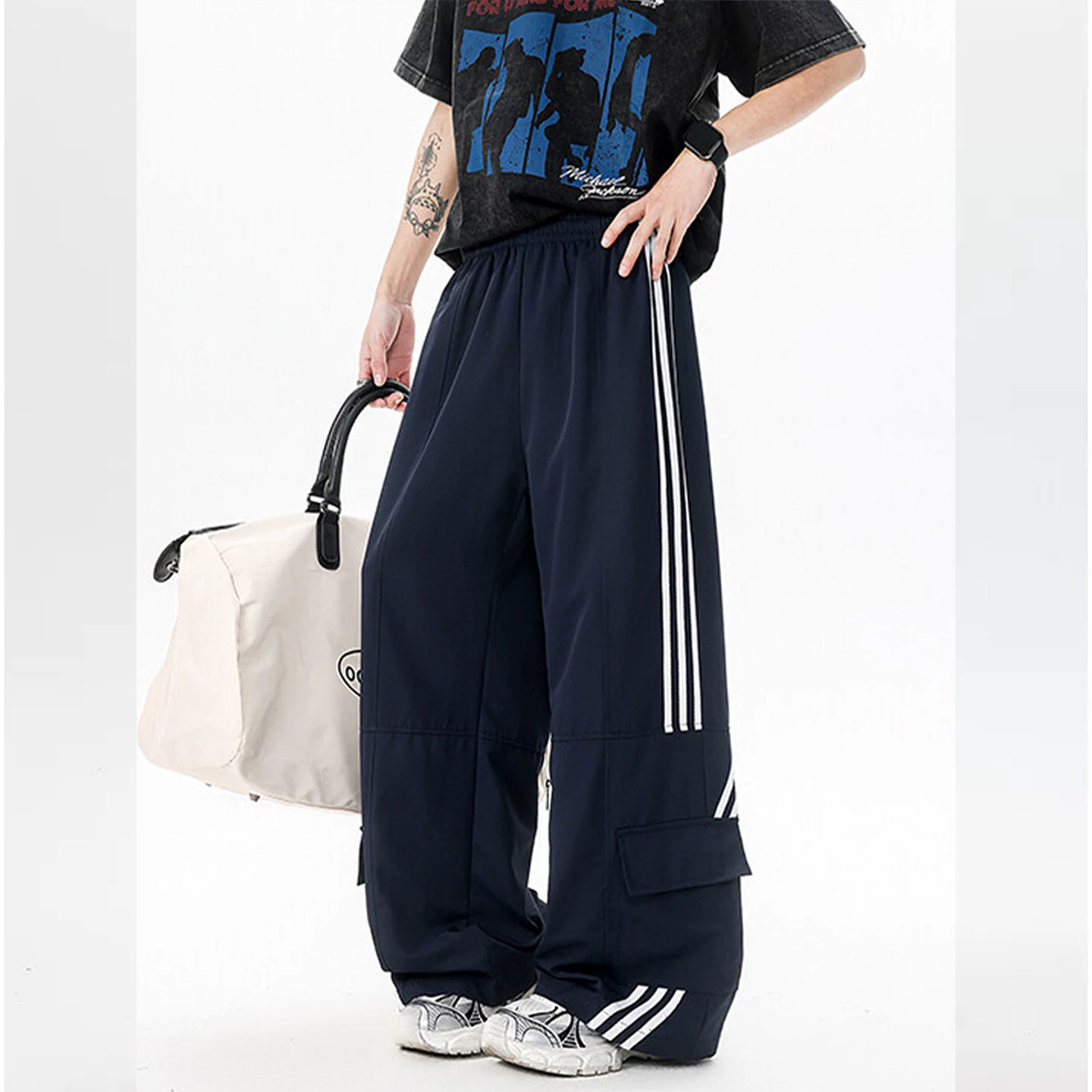 三条杠裤子男款春季美式高街潮牌宽松大码工装裤休闲直筒阔腿长裤