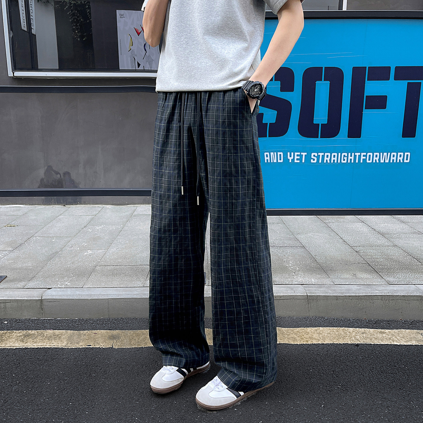 藏青格纹休闲裤男款春季美式复古大码宽松裤子男士潮牌直筒阔腿裤