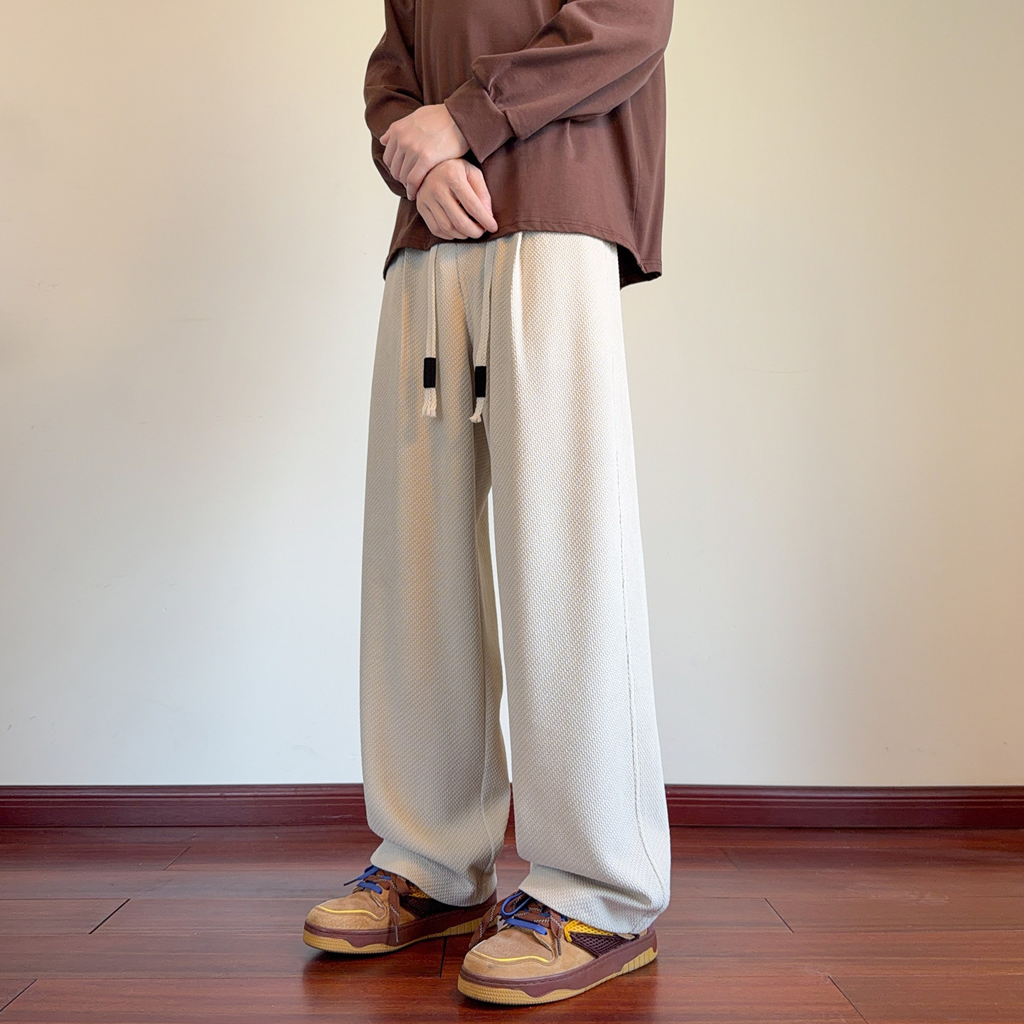 针织水波纹裤子男款春季垂感百搭宽松休闲长裤潮牌男士直筒阔腿裤