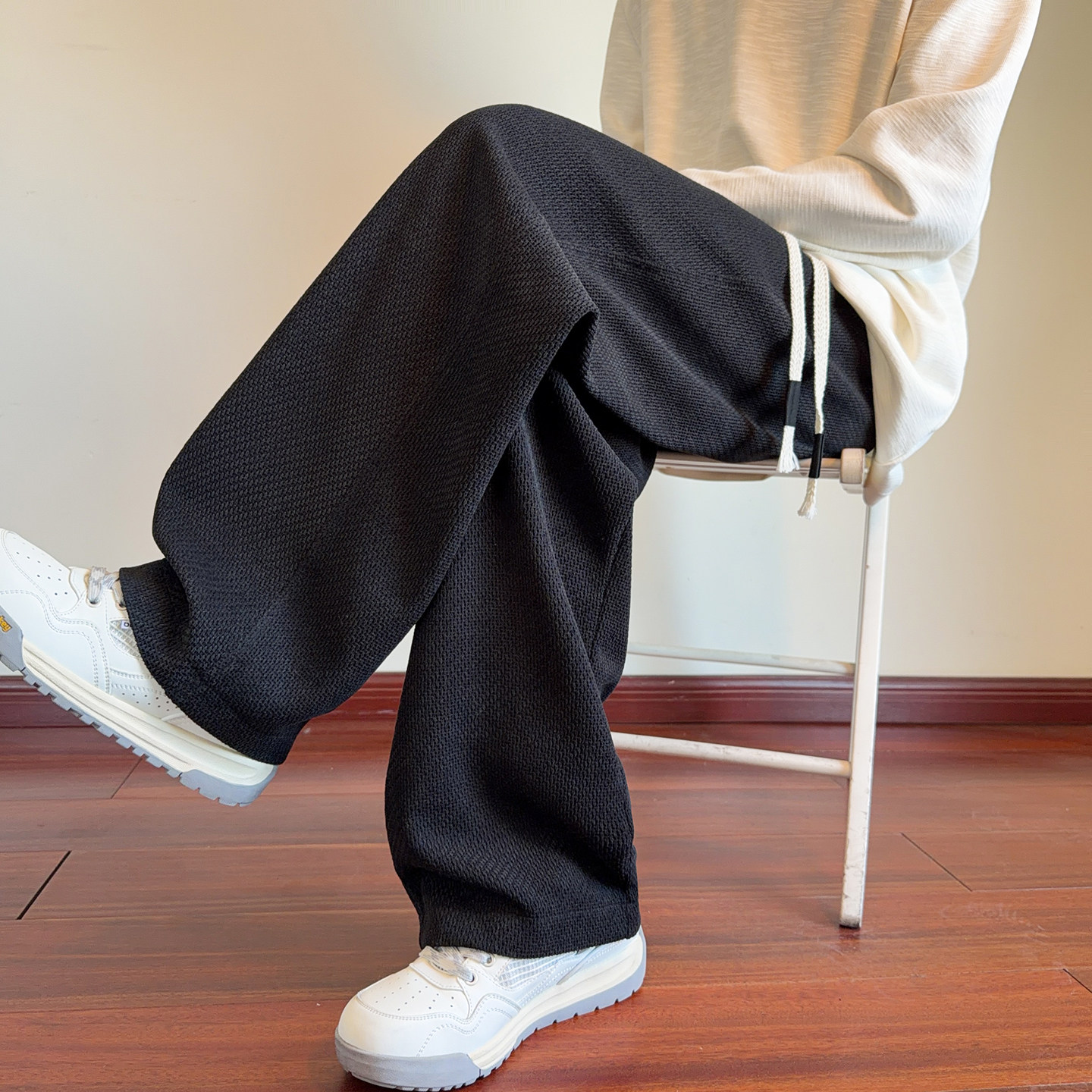 针织提花暗纹休闲裤男款春季垂感宽松百搭裤子潮牌男士直筒阔腿裤