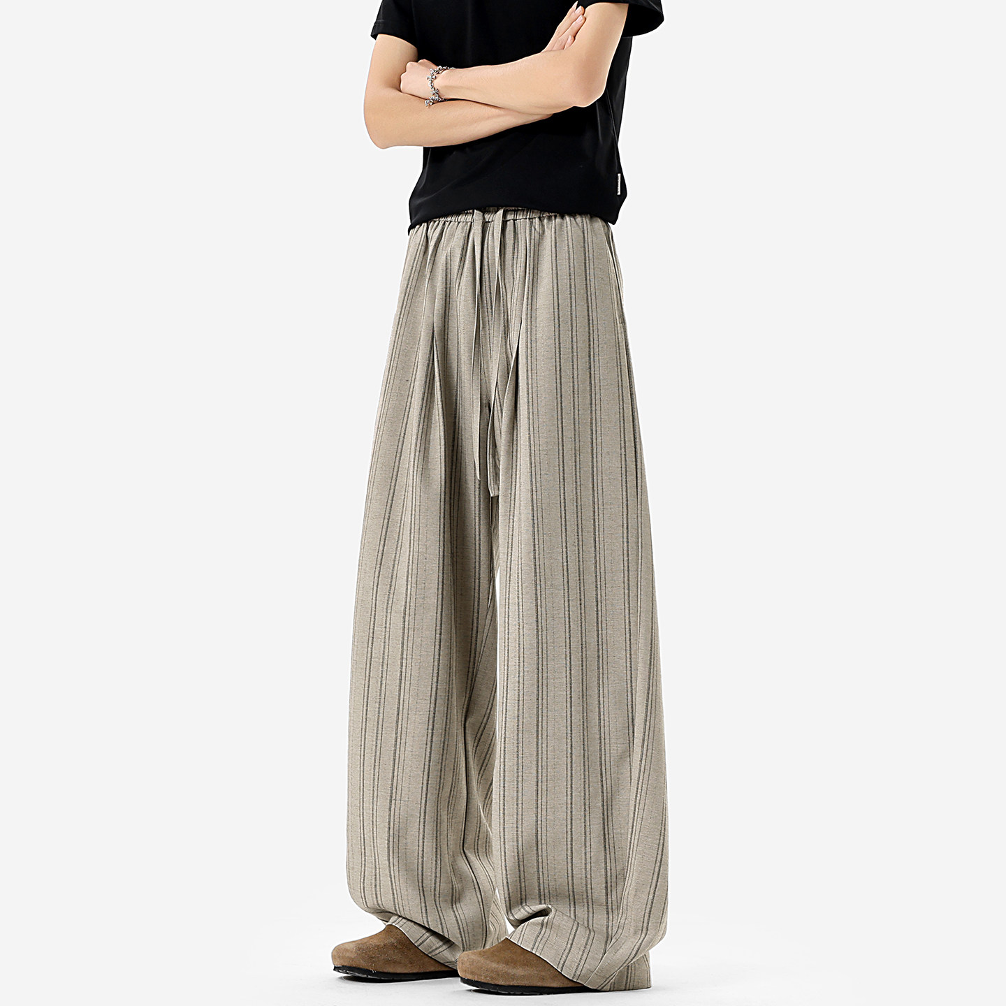 山本风条纹裤子男款春季大码宽松休闲弯刀长裤男士潮牌直筒阔腿裤