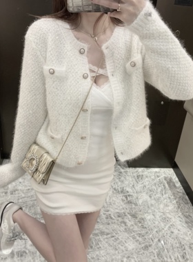 KKK STUDIO 外搭宽松银丝亮片针织开衫女圆领小香软糯毛衣短外套