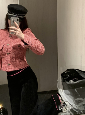 KKK STUDIO 2024秋冬新款淑女气质 枚红色小香风金扣短外套上衣女