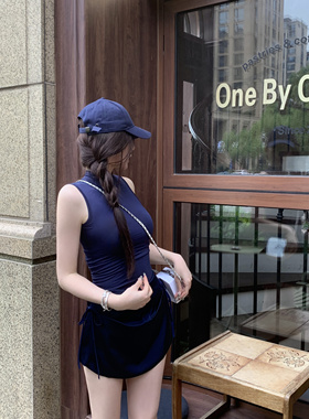 藏蓝色无袖纯棉小高领修身显瘦T恤上衣打底衫