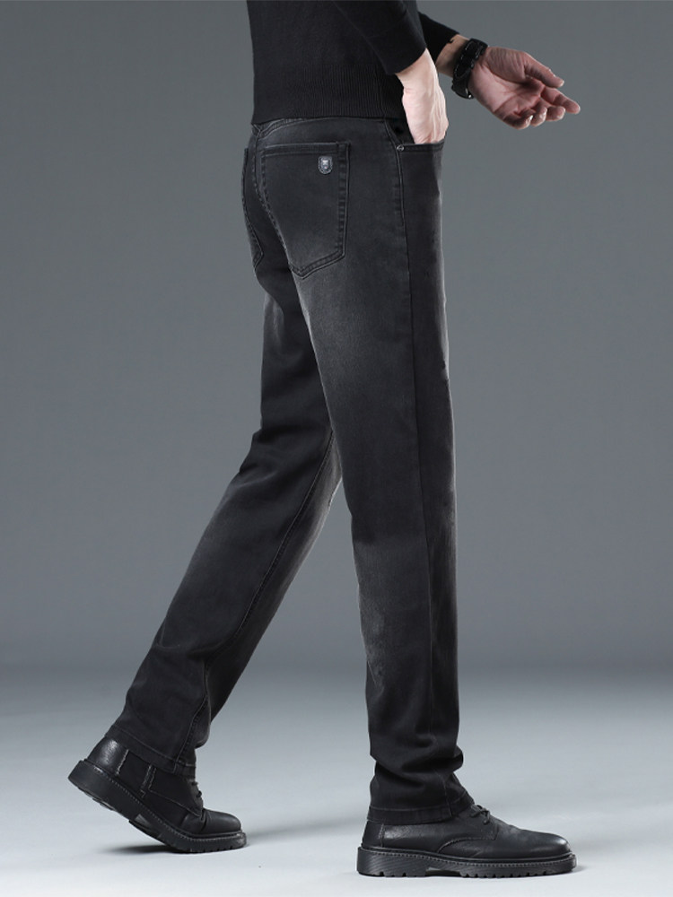 香港高端黑灰色牛仔裤男士秋冬季加绒加厚新款直筒弹力休闲长裤男