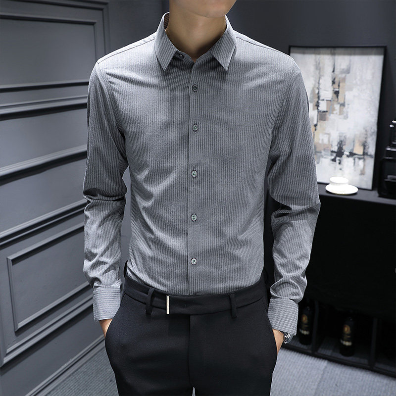 香港高端免烫抗皱高级感条纹衬衫男秋冬季新款商务休闲百搭上衣男