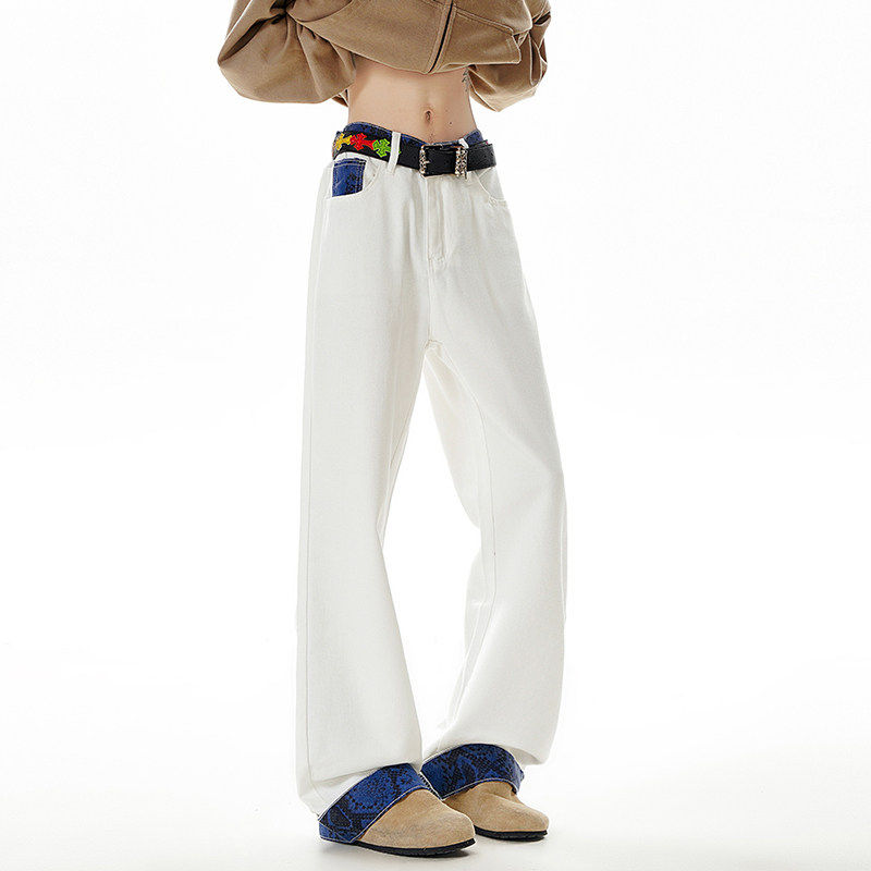 美式高街白色拼接牛仔裤男直筒抽绳设计感长裤