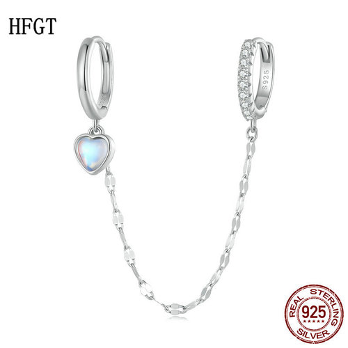 新款心形月光石链条双耳扣 爱心小众高级感925纯银单边耳饰多耳洞
