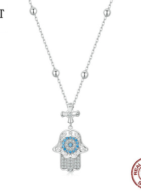 新款法蒂玛之手掌项链 跨境圆珠链欧美风s925纯银幸运锁骨链饰品