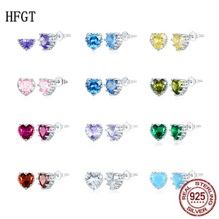 新款十二月份生辰石耳钉 日系清新甜美s925纯银彩虹爱心耳环耳饰