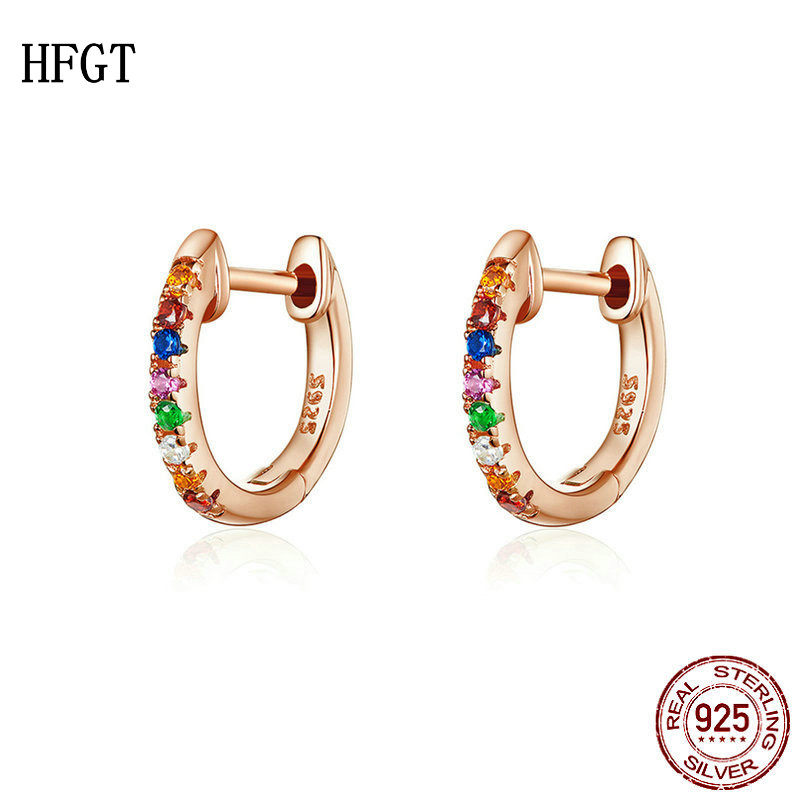 欧美S925纯银圈圈玫瑰金耳扣锆石时尚耳钉简约彩色耳环彩虹耳饰