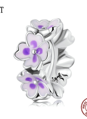 新款紫色花朵diy隔珠 清新淡雅简约 s925银串珠樱花配饰手链银饰