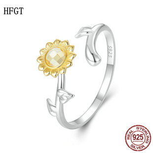 原创镀黄金向日葵开口戒指 夏日阳光s925纯银高端太阳花戒指手饰