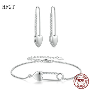 原创s925纯银心形扣针细手链耳环套装 别针简约欧美回形针首饰