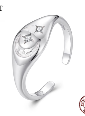 星月印章开口戒繁星月亮星星高端可调节星空戒指s925纯银饰品女