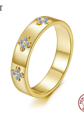 新款925纯银莫桑钻戒指婚戒 欧美流行高端个性金色幸运四叶草戒指