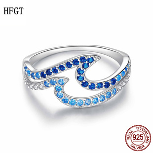 欧美原创s925纯银渐变蓝色海浪戒指优雅休闲风双层波浪戒指手饰女