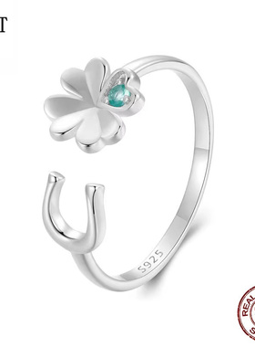 原创四叶草U型马蹄铁开口个性戒指s925纯银花朵饰品女首饰配饰品