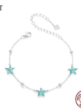 原创夏季绿色海星手链女 小清新度假风s925纯银圆珠高端手链饰品