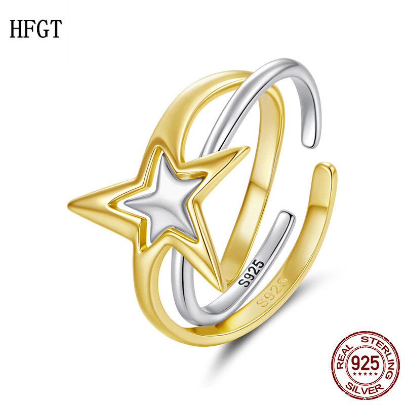 欧美原创s925纯银情侣款星星开口戒指可叠戴拼接戒指情人节礼物女