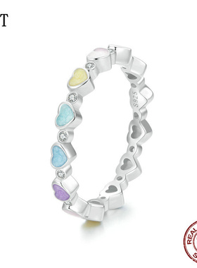 原创彩色爱心多巴胺戒指女 可爱小众心形s925纯银指环手饰配饰