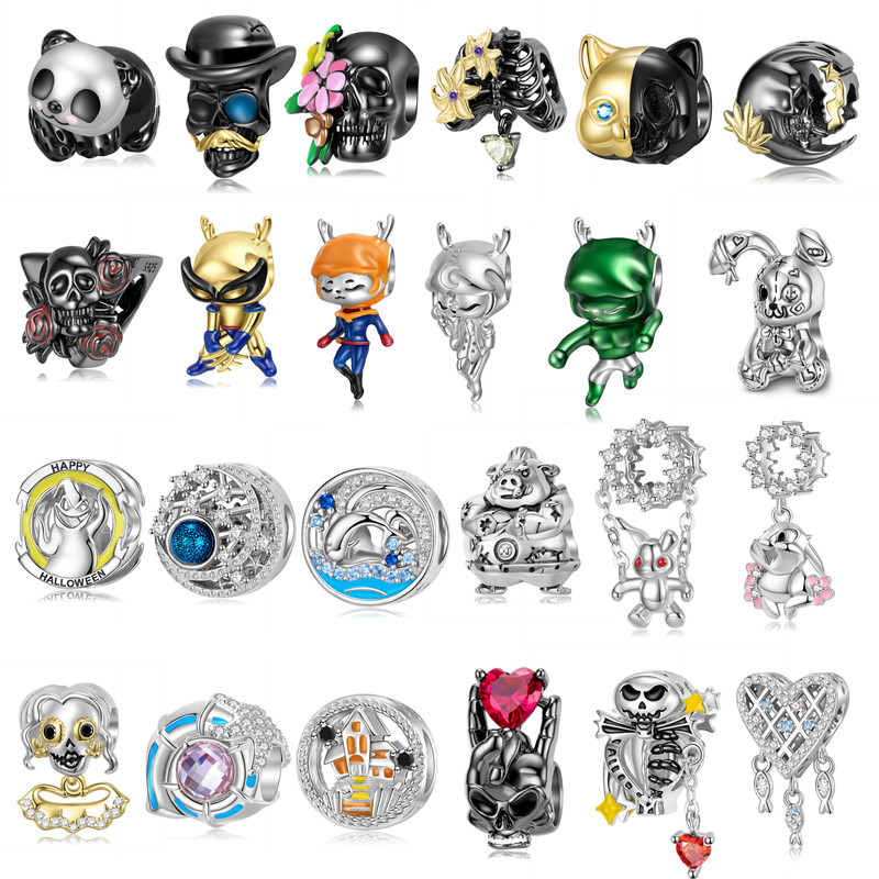 纯银海豚配件半脸骷髅猫珠子小猫咪串珠骷髅骨架散珠小猪手链熊猫