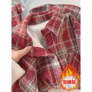 大码高级感洋气格子长袖衬衫外套女秋季加绒加厚宽松中长款上衣