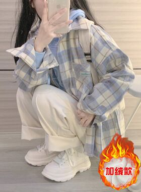 秋冬外套韩系复古长袖上衣原版面料加绒加厚绿色磨毛格子衬衫女款