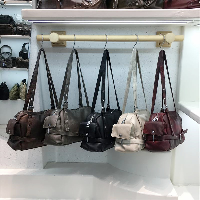 小脏柜 小众做旧擦色雾灰色韩版女手提腋下包单肩保龄球波士顿包