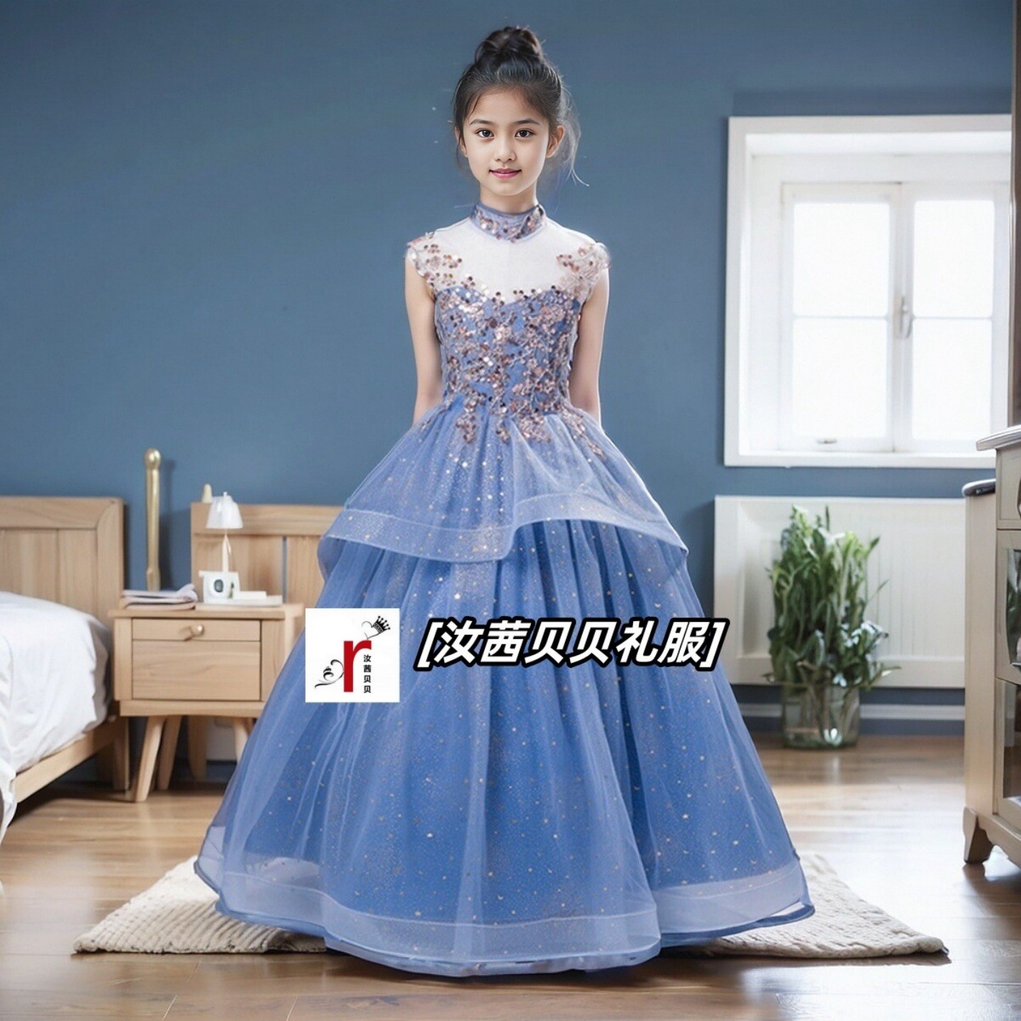 儿童礼服前短后长公主裙女童走秀长款香槟色晚礼服主持钢琴演出服