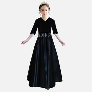 中袖儿童晚礼服黑色钢琴考级合唱乐团主持中大提琴演出服无袖长裙