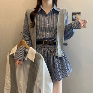 polo领格子连衣裙女秋季 上衣带披肩皮带 收腰显瘦长袖 衬衫