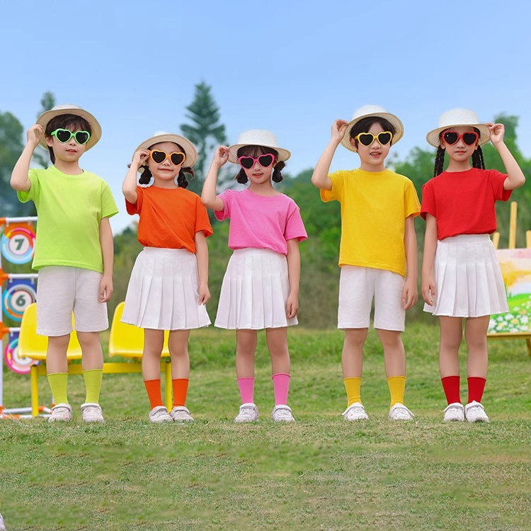 儿童纯棉短袖t恤糖果彩色纯色小学生女毕业班服夏幼儿园亲子装