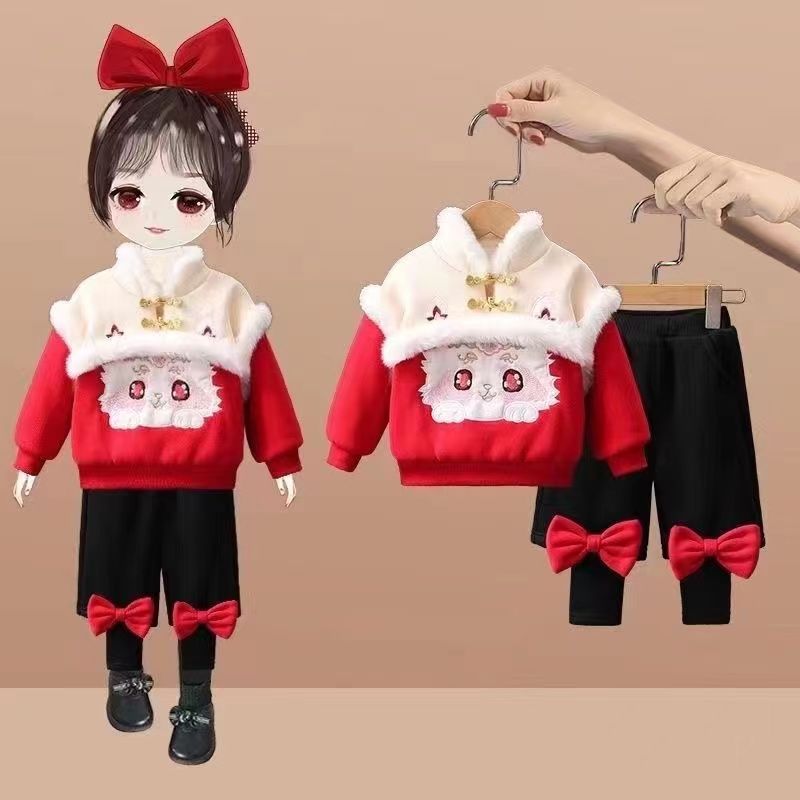 女童冬季汉服套装冬装宝宝儿童唐装喜庆过年中国衣服加绒加厚拜年