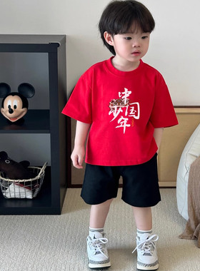 新中式中大童装儿童红色夏季短袖t恤韩版爱国中小学生班服表演服