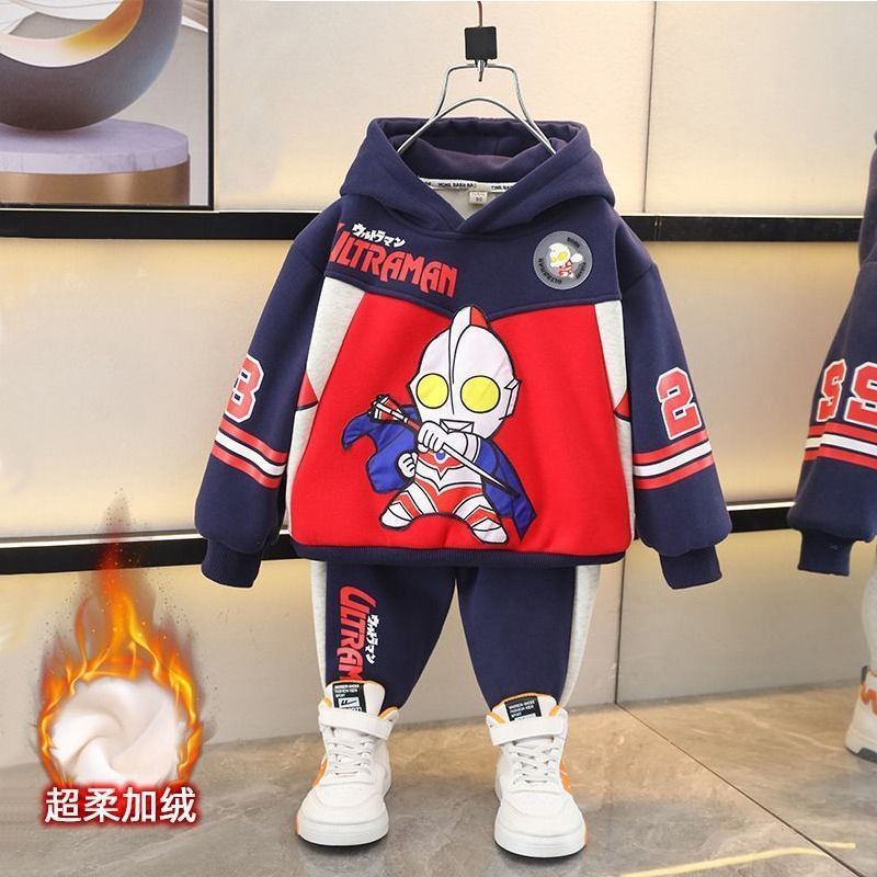 奥特曼衣服男童加绒套装2024新款洋气儿童宝宝秋冬装炸街加厚童装